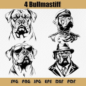 Conjunto Svg Bullmastiff de 4 ilustrações de cães Bullmastiff em preto e branco em vários estilos. Perfeito para downloads digitais, impressões e artesanato