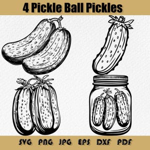 May include: Black and white illustration of four pickleball pickles. The image includes two pickles, a single pickle, two pickles, and a jar of pickles. The text "4 Pickle Ball Pickles" is at the top.