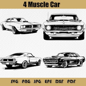 Retro Muscle Car Illustrations! Perfect for digital prints, posters, t-shirts, and decor designs. Includes Png, Jpg, Svg, Pdf, Eps, Dxf.