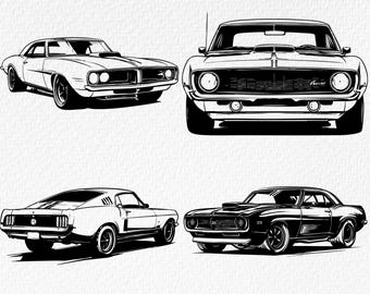Retro Muscle Car Illustrations! Perfect for digital prints, posters, t-shirts, and decor designs. Includes Png, Jpg, Svg, Pdf, Eps, Dxf.
