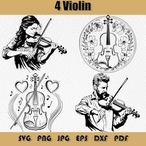 Geigen-Svg-Bundle, eine Musikerin, die Geige spielt Png, männlicher Musiker, die Geige Eps spielt, blumige Geige, Geige mit Notenblatt
