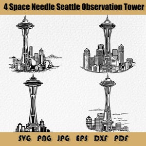 Space Needle Seattle Observation Tower Landmark Slyline Svg grijswaarden afbeelding branden gesneden Cricut Coaster zwart wit SVG PNG JPG zwart wit