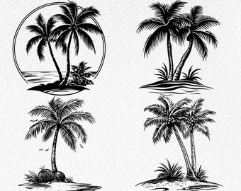 May include: Black and white illustrations of palm trees. The image includes four different designs of palm trees, some with coconuts, and one design is framed in a circle. The text at the top reads "4 Palm Coconut Tree Tropical Island BEACH".