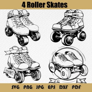 Könnte beinhalten: Schwarz-Weiß-Illustration von vier Rollschuhen. Das Bild enthält oben den Text "4 Roller Skates" und unten Abkürzungen für Dateitypen. Jedes Skate-Design ist einzigartig und zeigt verschiedene Stile und Details.