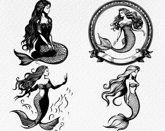 May include: Four black and white illustrations of mermaids. The first mermaid is sitting with her tail curled around her. The second mermaid is swimming with her tail extended. The third mermaid is sitting with her tail curled around her. The fourth mermaid is swimming with her tail extended.