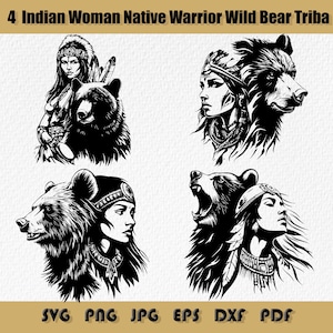 Op de afbeelding: Vier zwart-wit illustraties met inheemse Amerikaanse vrouwen en beren. Elk ontwerp toont het profiel van een vrouw naast een beer, met verschillende poses en uitdrukkingen. De tekst "4 Indian Woman Native Warrior Wild Bear Triba" staat bovenaan.