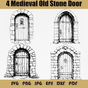 May include: Four black and white line drawings of medieval stone doors with arched tops. Each door has a simple wooden door with a handle and a few details.