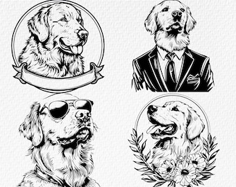 Puede incluir: Cuatro ilustraciones en blanco y negro de Golden Retrievers. La primera imagen muestra un Golden Retriever con una cinta alrededor del cuello. La segunda imagen muestra un Golden Retriever con un traje y corbata. La tercera imagen muestra un Golden Retriever con gafas de sol. La cuarta imagen muestra un Golden Retriever con flores alrededor de la cabeza.