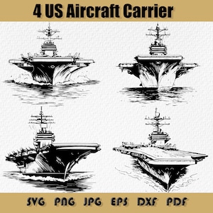 Könnte beinhalten: Vier Schwarzweiß-Zeichnungen von US-Flugzeugträgern. Jeder Flugzeugträger wird aus einem anderen Blickwinkel gezeigt. Die Zeichnungen sind einfach und stilisiert.