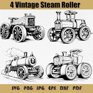 May include: Black and white line art of four vintage steam rollers. Each roller has large wheels and a detailed design. The image includes the text "4 Vintage Steam Roller" at the top and file type abbreviations at the bottom.