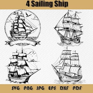 Bundle de voilier SVG aventure nautique Maritime mer voyage bateau pirate navire de guerre océan tempête navire Silhouette Clipart navires de pirate