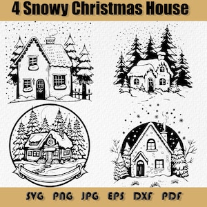 Bundle Svg de maison de Noël enneigée, Svg de Noël Png, réveillon de Noël chalet d'hiver enneigé maison pins SVG, PNG, JPG, svg de la maison enneigée