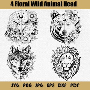 Pacote Floral Wild Animal Head Svg,Png,Leão Com Flores,Leão Svg,Lobo Com Flores Svg,Lobo Svg,Cabeça De Águia Florida Svg,Cabeça De Urso Florida