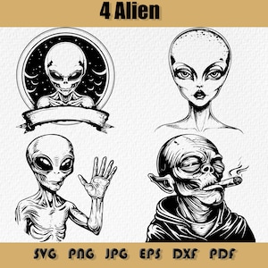 Alien Svg Bundle, The Smoking Alien Png, Scary Alien Eps, The Alien Who Salutes Svg, Alien Beautiful Woman,  SVG  , PNG , DXF , Eps