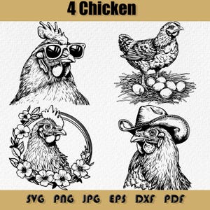 Lot de poulet Svg, le poulet avec des lunettes Png, le poulet pondant Svg, poulet avec des fleurs, poulet cow-boy Svg, animaux de la ferme SVG, PNG, EPS