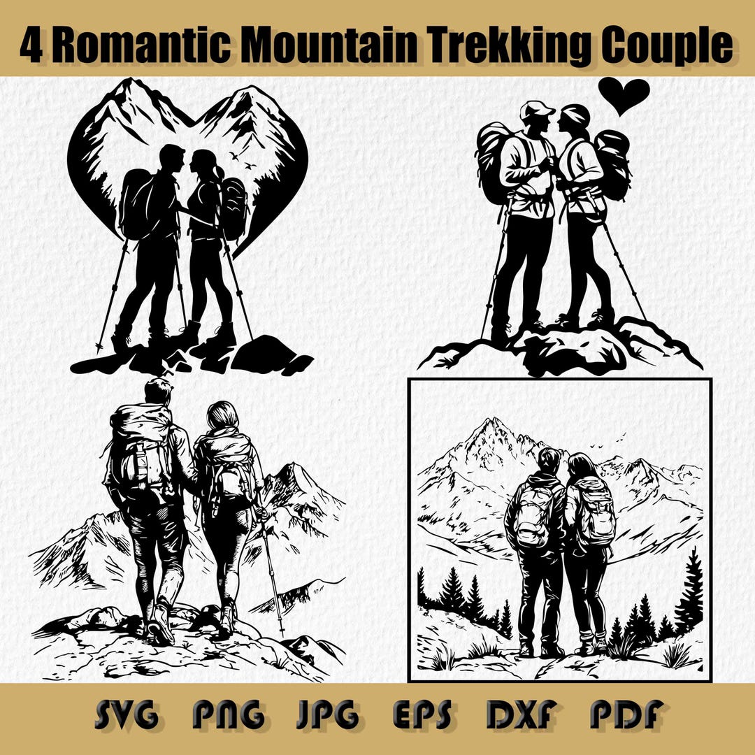 Romantic Mountain Trekking Couple Svg Bundle,man and Woman Hiking in ...