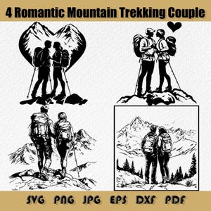 Romantische bergtrekking paar Svg bundel, man en vrouw wandelen in de bergen silhouet, toeristen lopen langs het pad png, svg, dxf, pdf, eps