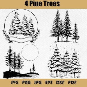 Pacchetto di alberi di pino Svg, silhouette di albero Svg, albero di pino Svg, file di taglio di albero di pino, 4 disegni di albero di pino Svg, campeggio Svg, cono di Natale di conifere