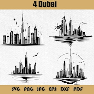 Paquete de Svg de Dubái, Burj Khalifa SVG, silueta de paisaje urbano de los Emiratos Árabes Unidos Svg, Cricut, imágenes prediseñadas vectoriales, descarga instantánea