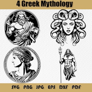 Bundle Svg de la mythologie grecque, Png, Medusa svg, svg Medusa tatouage, fichiers de gravure, dieux de l'Olympe, clipart mythes anciens, Zeus SVG,