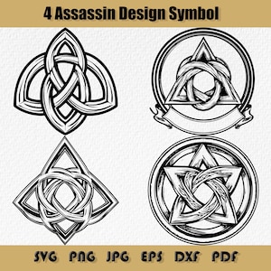 May include: Four black and white illustrations of a Celtic knot design. The knots are in the shape of a triangle, a circle, a diamond, and a star. The designs are intricate and detailed.