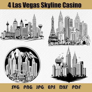 Pacchetto SVG con lo skyline del casinò di Las Vegas, PNG con lo skyline di Las Vegas, Clipart con le fontane del Bellagio di Las Vegas, SVG con il casinò, Silhouette di contorno, SVG, PNG, DXF