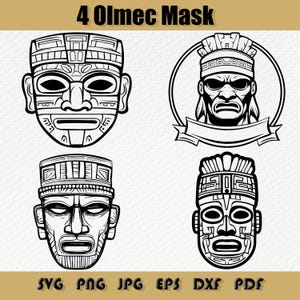 May include: Four Olmec mask designs in black and white. The masks feature detailed carvings, including geometric patterns and stylized facial features. The image includes the text "4 Olmec Mask" at the top and file type abbreviations at the bottom.