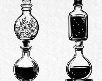 May include: Black and white illustration of four potion bottles. One bottle features a floral design, another has a starry night effect, and the other two are filled with a dark liquid. The text "4 Potion Bottle" is at the top.