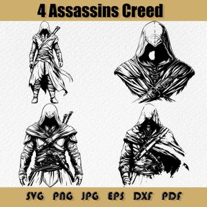 Assassins Creed Svg-bundel, videogamekarakterontwerp, digitale download, Assassin-logo Svg, videogamekarakter, silhouet