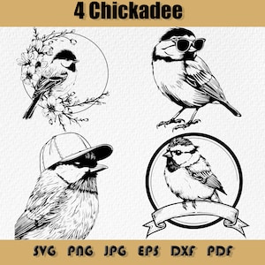May include: Four black and white illustrations of chickadees. One chickadee is wearing sunglasses, another is wearing a baseball cap, and the other two are in a floral wreath and a circular frame with a banner.