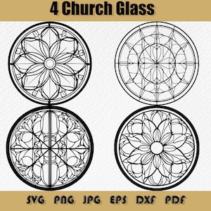 Pacchetto Svg di vetrate per chiese, PNG, rosone gotico mandala, modelli di cornici per rosoni per chiese, file di incisione per vetrate per cattedrali, vetrate per chiese medievali