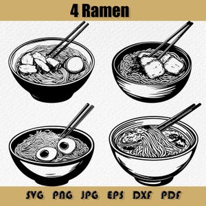 May include: Four black and white illustrations of bowls of ramen noodles. Each bowl has chopsticks and different toppings. The text "4 Ramen" is at the top of the image.