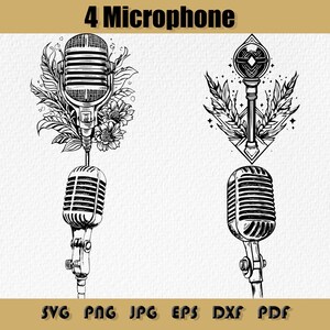 Puede incluir: Cuatro ilustraciones en blanco y negro de micrófonos vintage. Dos de los micrófonos están rodeados de diseños florales, uno está rodeado de un diseño geométrico y uno está aislado.