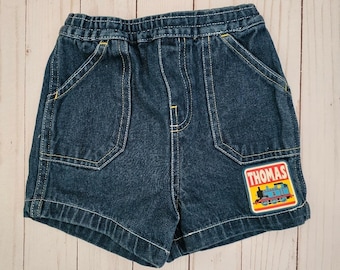 Vintage Thomas the Tank Engine Kids Denim Shorts with Thomas Patch Size 12 Month
