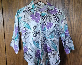 ヴィンテージ 1980年代 プレイスメントブラウス レディース Sサイズ 花柄とヒョウ柄 コットン