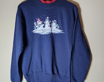 Vintage sneeuwpop sweater dames M marineblauw wintervakantiekraag Grandmacore