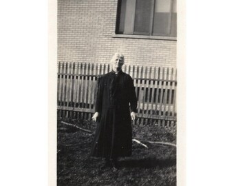 Vintage Black & White Photo Woman Outside Picket Fence Brick House 1930s-50s