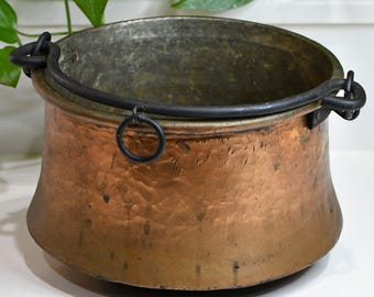 Antique Hammered Copper Cauldron 11" 19th C Hearth Cooking Pot Wrought Iron Hndl