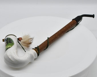 Vintage German Porcelain Hunting Pipe Unsmoked Deer Stag Wood Stem Gesteckpfeife