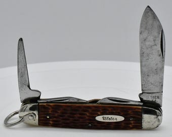 Vintage Ulster USA 114 4-Blade Scout Pocket Knife Jigged Brown Delrin 1961-1964
