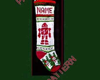 Hand knit Christmas stocking,  pattern only --- robot, snowman and holly
