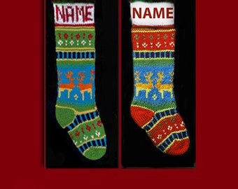 Hand knit Christmas stocking,  Personalized, made of pure wool yarn,  fully lined -- Golden reindeer and snowflake