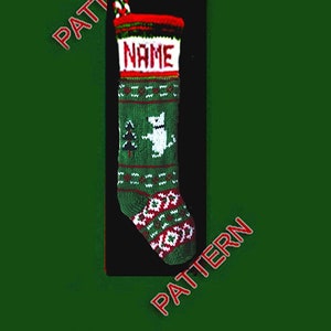 Hand knit Christmas stocking,  pattern only ---dog, tree, holly and snowflake