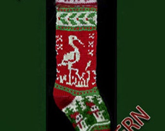 Hand knit Christmas stocking,  pattern only - snowman, crane and holly