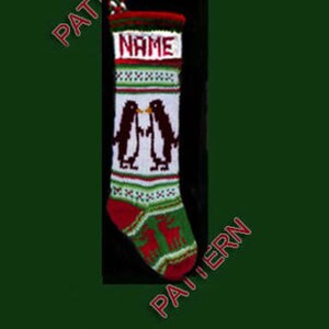 Pattern only  ---  Hand knit Christmas stocking, holly, reindeer and penguin