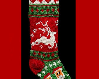 Hand knit Christmas stocking,  Personalized, made of pure wool yarn,  fully lined -- Reindeer, snowman and snowflakes