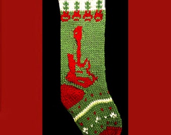 Hand knit Christmas stocking,  Personalized, made of pure wool yarn,  fully lined -- guitar and snowflake