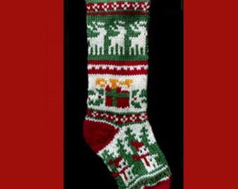Hand knit Christmas stocking,  Personalized, made of pure wool yarn,  fully lined -- Snowman, reindeer and gift box