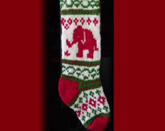 Hand knit Christmas stocking,  Personalized, made of pure wool yarn,  fully lined -- elephant and snowflake