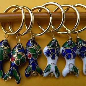 Stitch markers for knitting or crochetting work,  6 pcs, made  cloisonne beads - fish, blue and white
